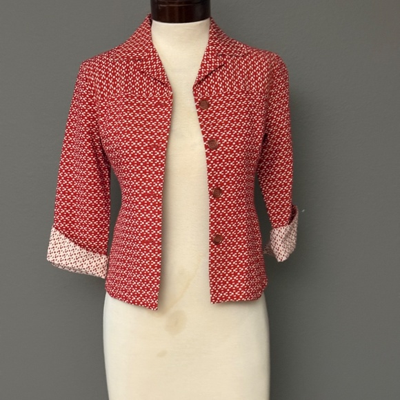 Shin Choi Red White Jacket 3/4 Sleeve 4 Button Clousre Lined Sz 2 - Picture 6 of 6